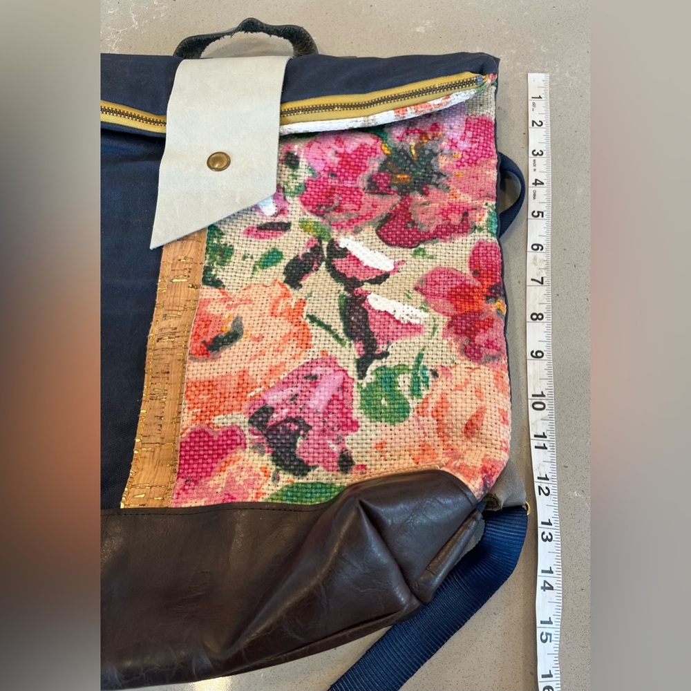 Handmade Roll Zip Backpack Denim Hand Painted Floral Textile Leather Boho Bag - Picture 12 of 13